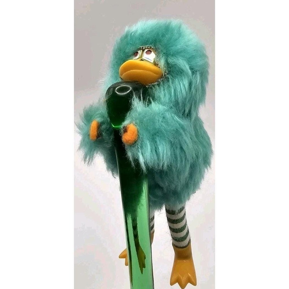 Russ Berrie Lester The Looney Bird Vintage Plush Teal Fur Bird Pencil Hugger Toy